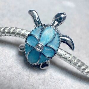 Blue Enamel Turtle European Charm Bead‎ Silver Bracelet